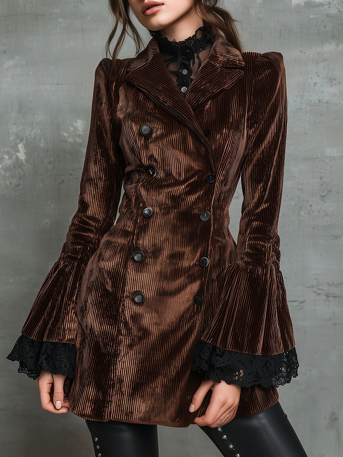 Vintage Velvet Double-Breasted Long Sleeve Jacket With Lace Cuff And Flared Sleeves