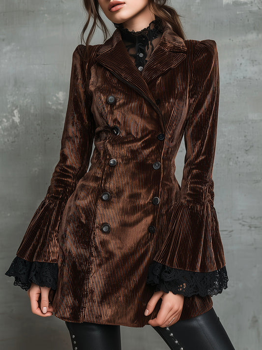 Vintage Velvet Double-Breasted Long Sleeve Jacket With Lace Cuff And Flared Sleeves