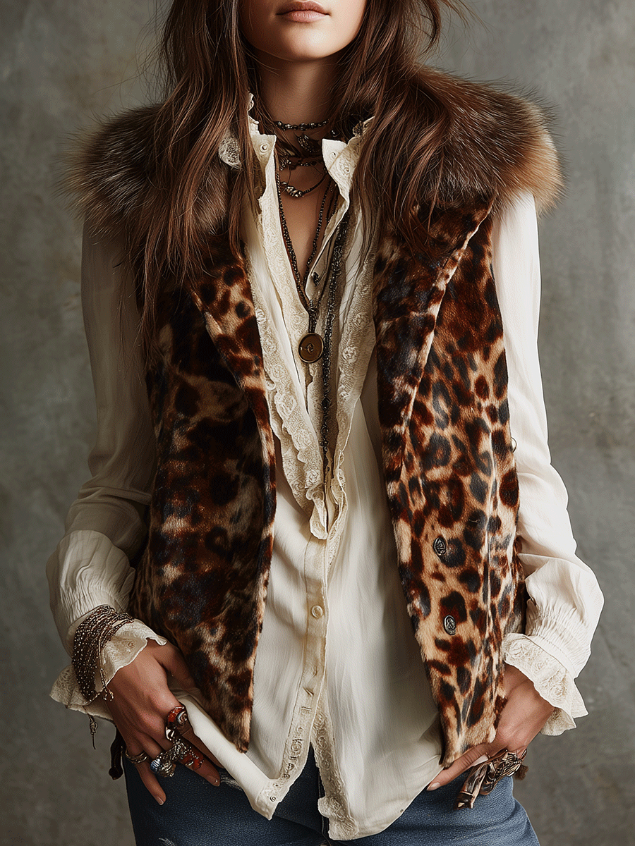 Retro Leopard Faux Fur Fox Collar Trim Vest