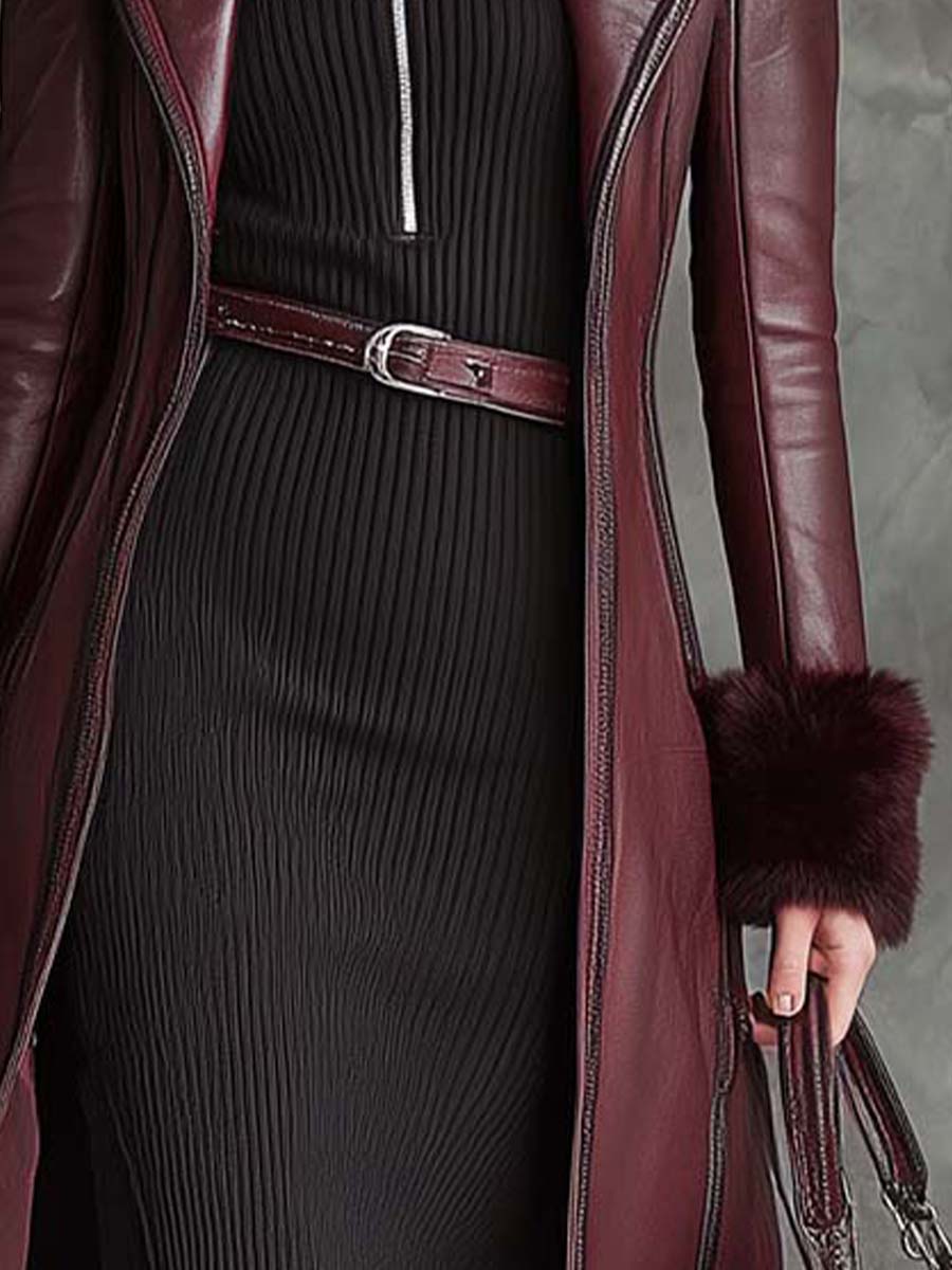 Wine Red Eco-Leather Long Coat With Faux Fur Collar & Cuffs