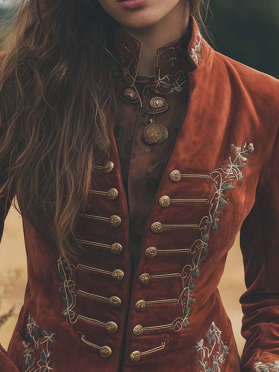 Burnt Red Baroque Embroidered Microsuede Officer Jacket