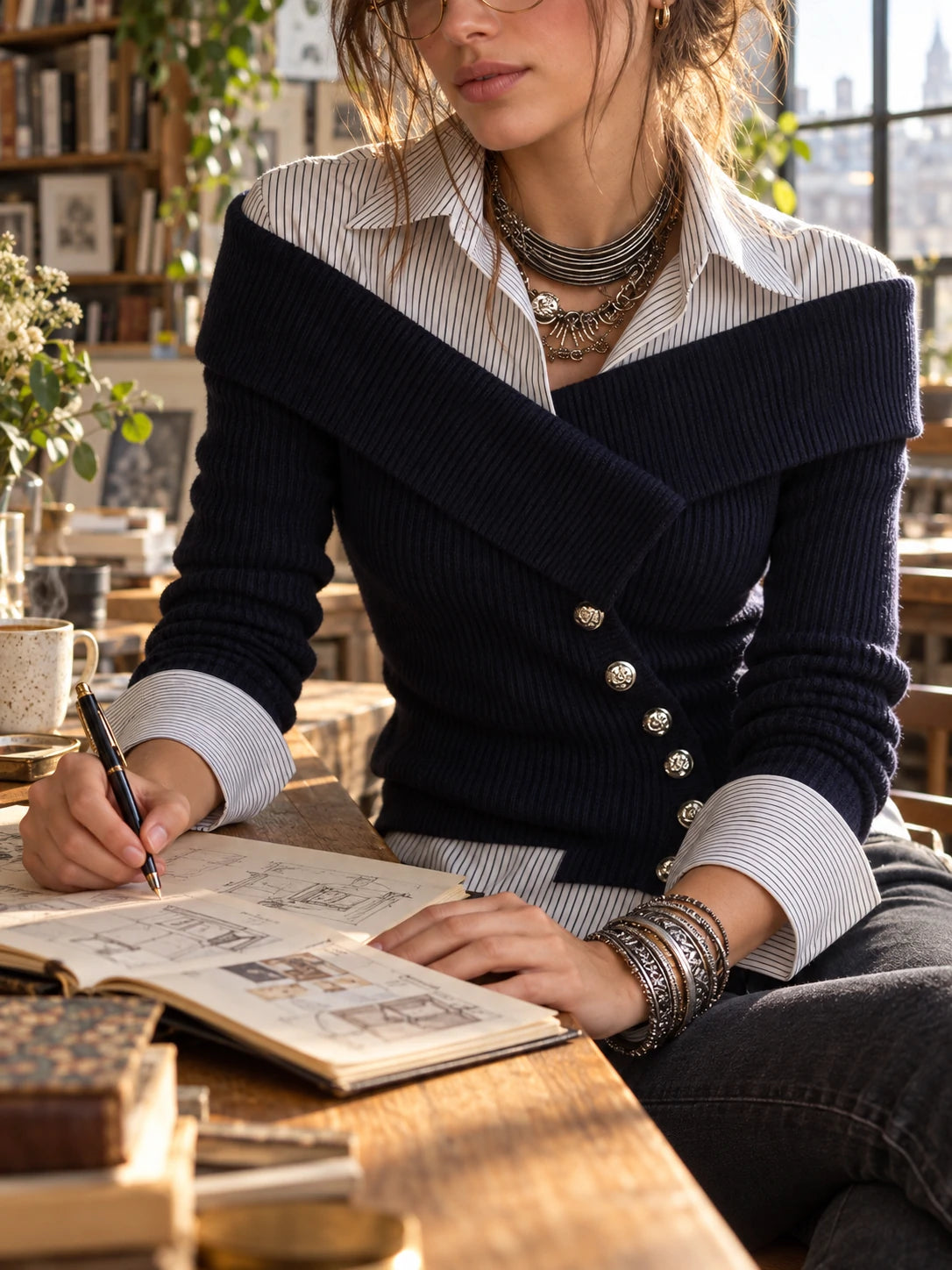 Asymmetric Placket Faux-layered Knit Blouse