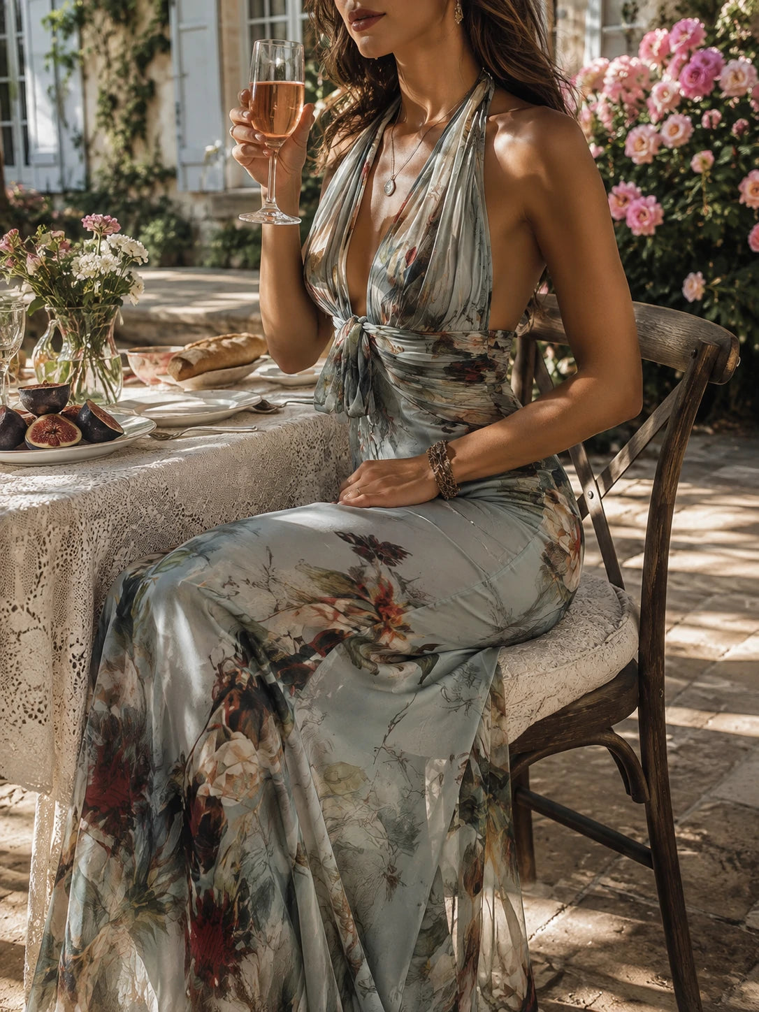 Vintage Floral Print Halter Neck Fishtail Chiffon Maxi Dress