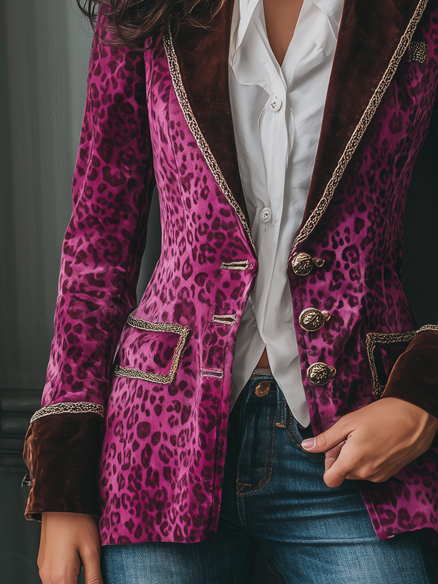 Retro Contrast Collar Metal Trim Leopard Print Velvet Blazer