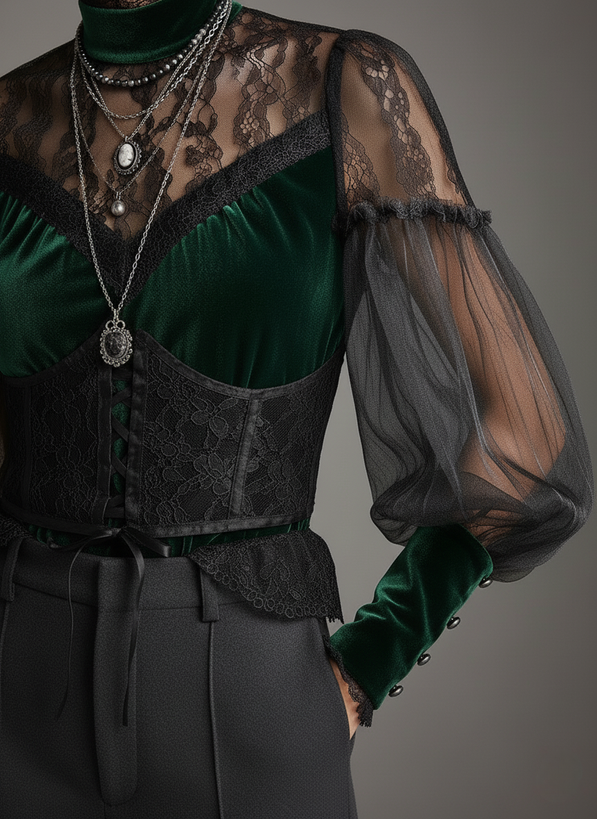 Emerald Velvet & Sheer Lace Corset Blouse