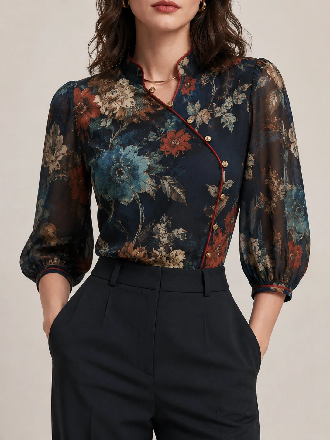Navy Botanical Chinoiserie Chiffon Blouse