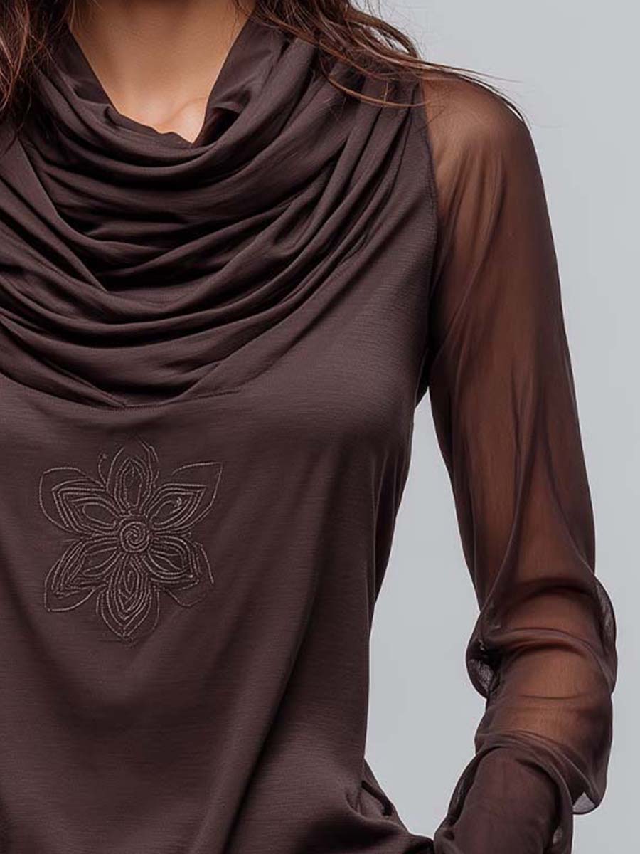 Draped Cowl-Neck Top With Sheer Mesh Sleeves And Embroidered Motif