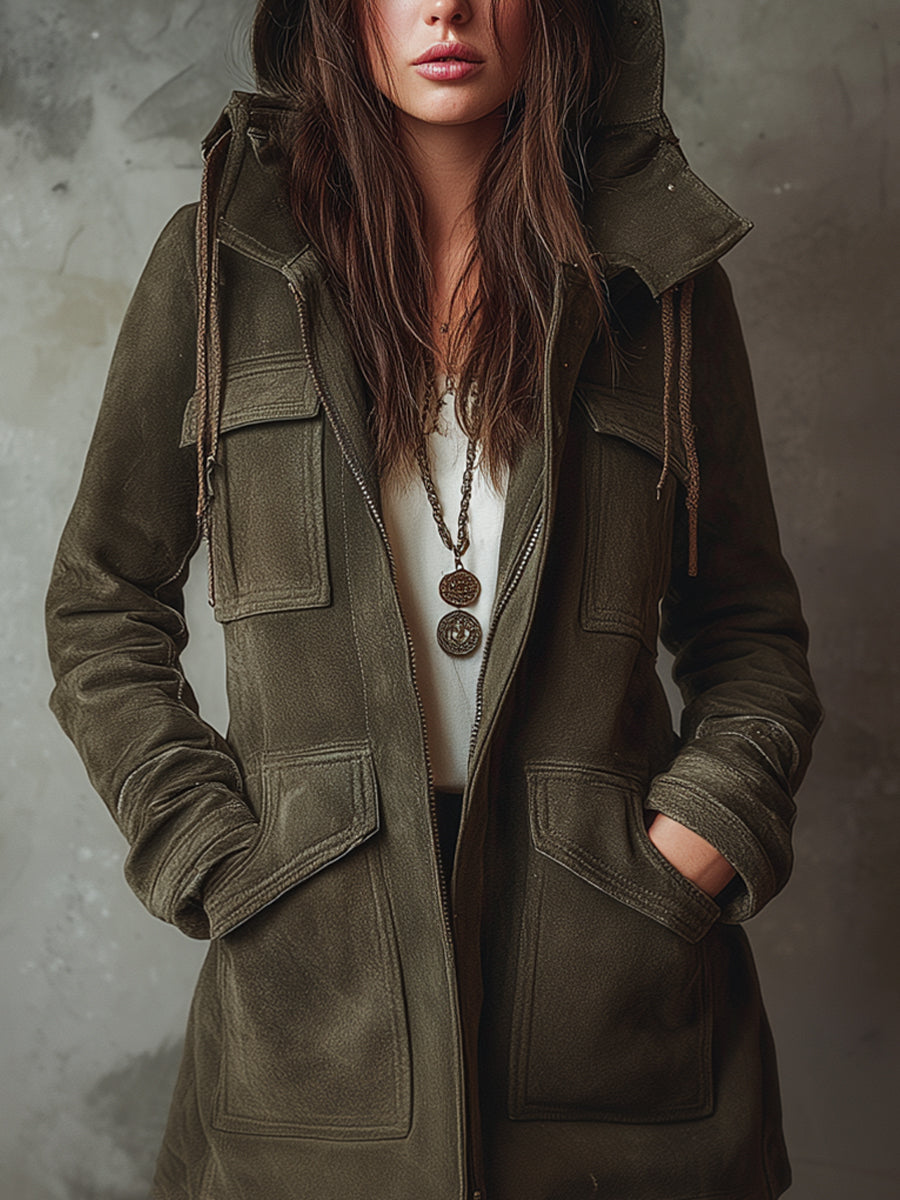 Retro Eco-friendly Suede Cargo Pocket Hooded Jacket