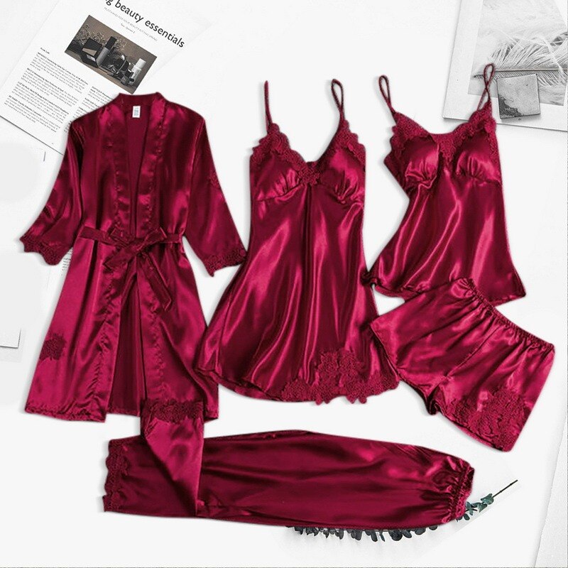 5pcs Suit Ladies Sexy Silk Satin Pajamas Set