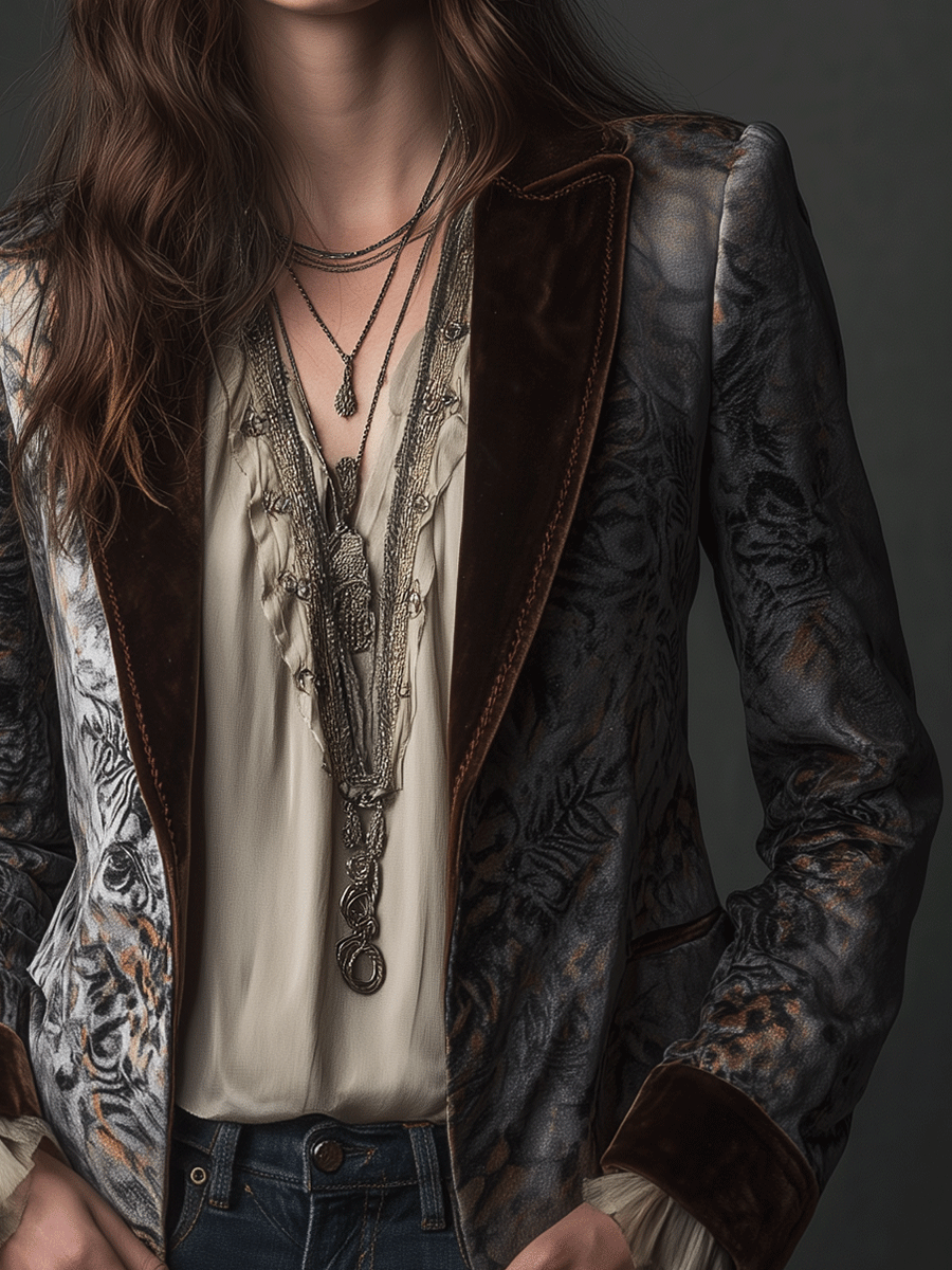 Vintage Silver Baroque Velvet Brown Lapel Blazer