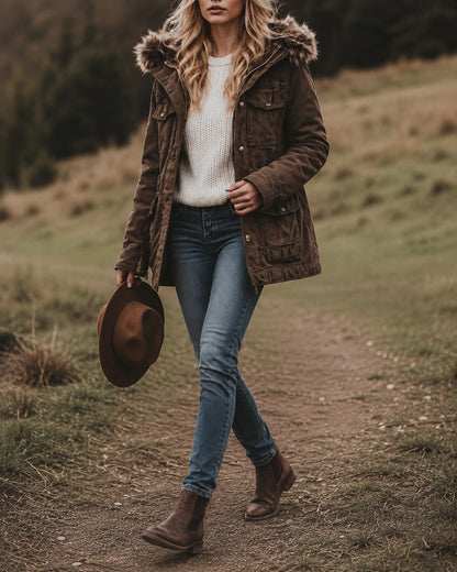 Women's Vintage Fur Hooded Work Windbreaker Jacket