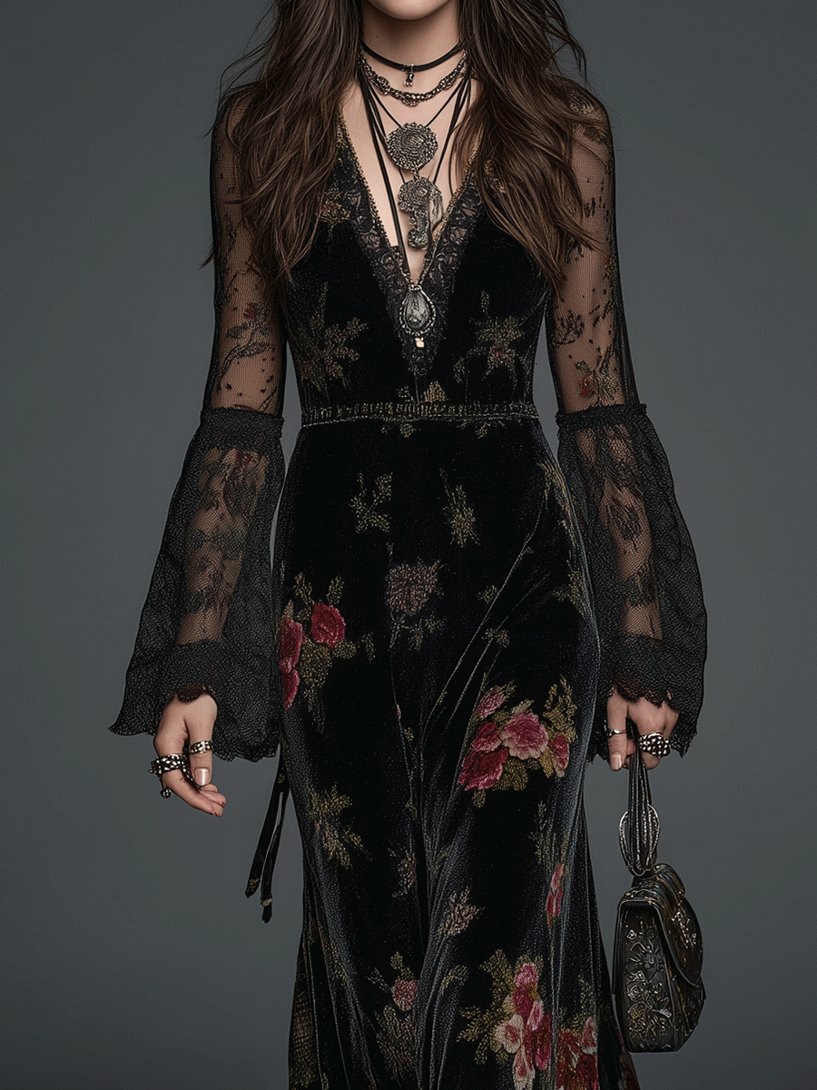 Vintage Black Velvet Floral Lace Sleeve Maxi Dress