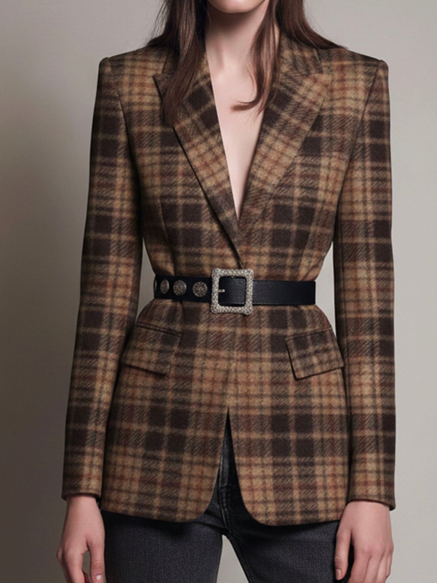Classic Brown Plaid Woolen Structured Blazer