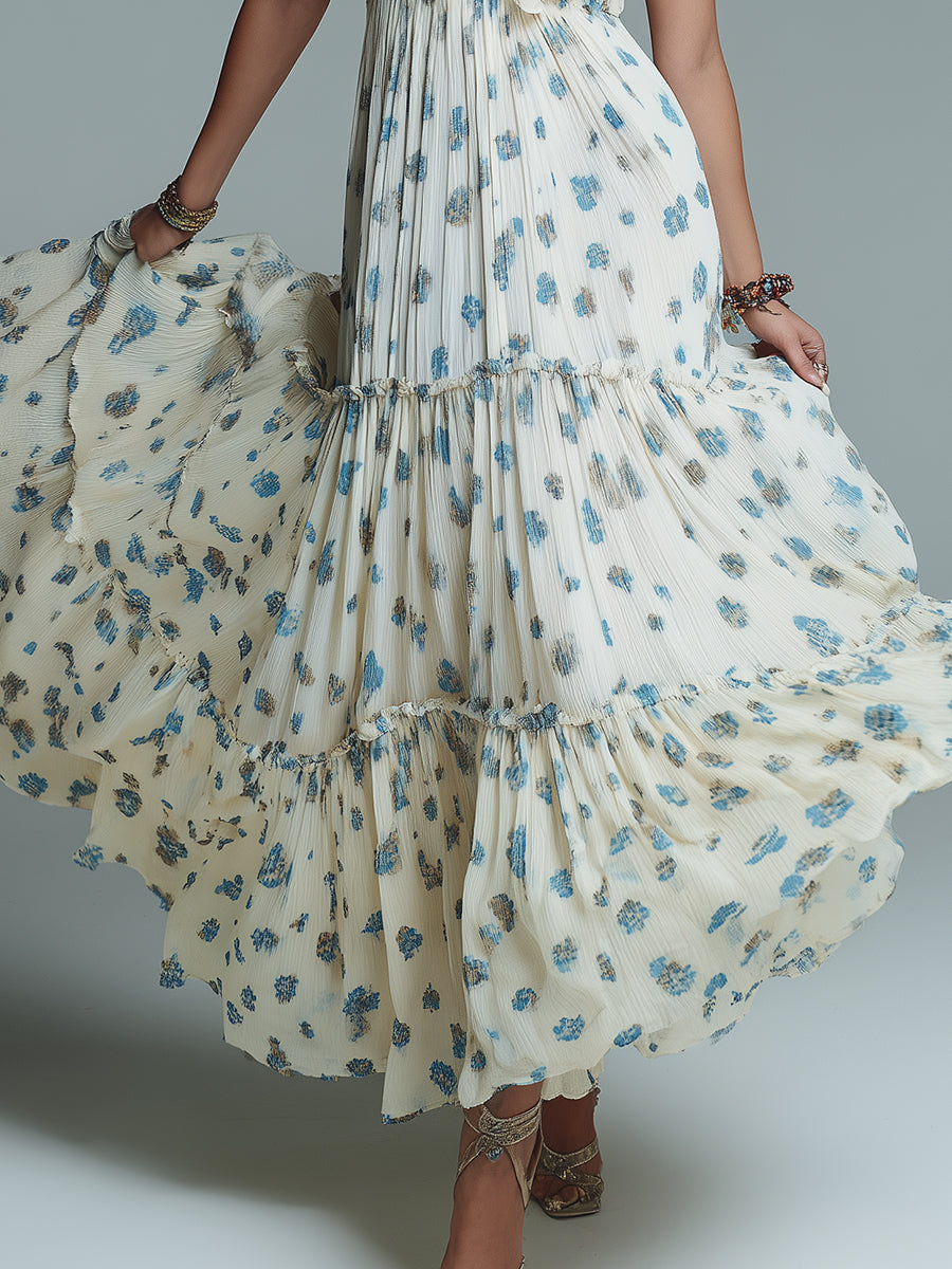 Bohemian Floral Print Pleated Maxi Dress With Ruffles