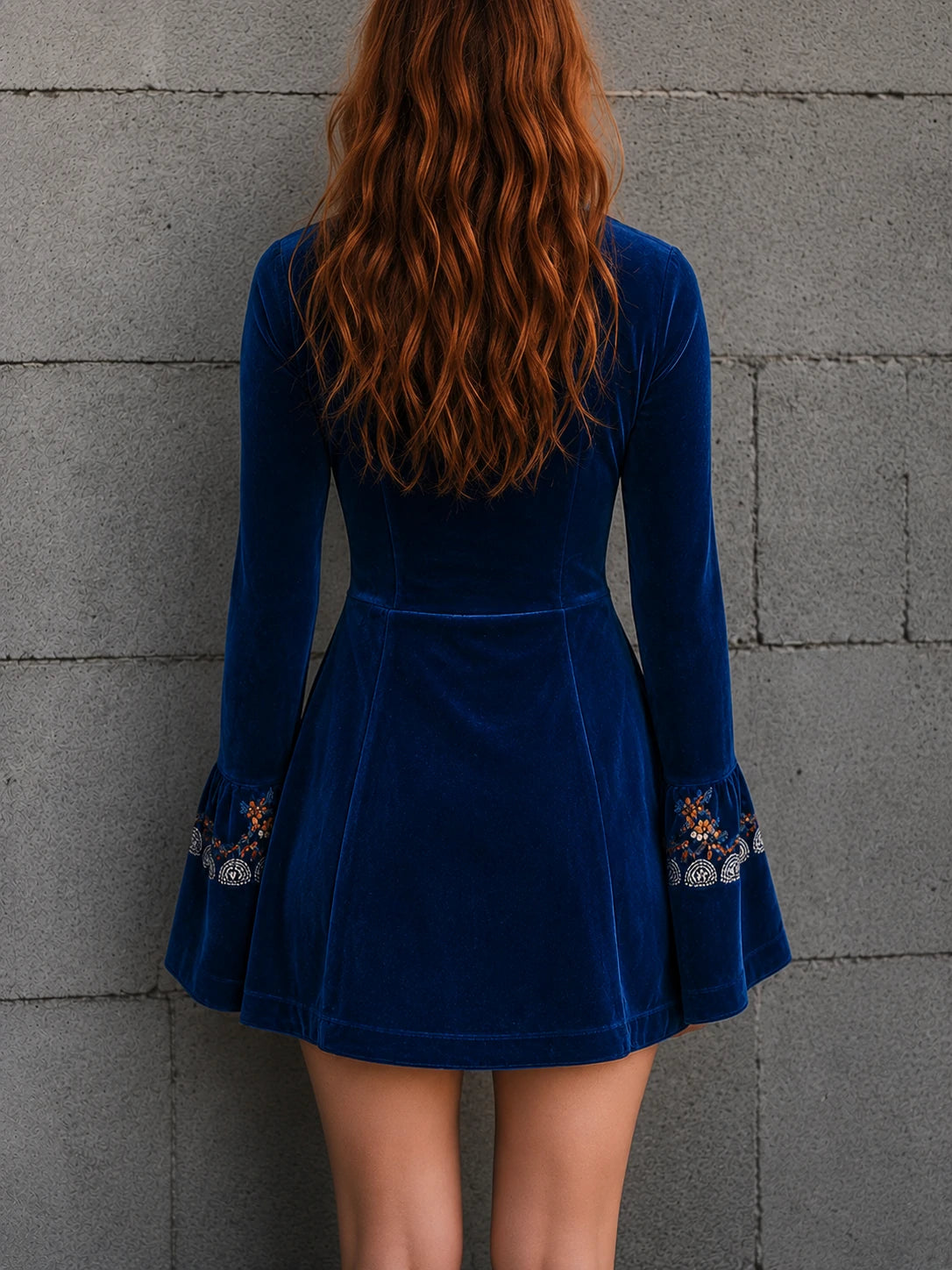 Boho Blue Velvet Zipper Front Lace Trim Embroidered Mini Dress