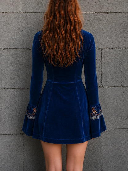 Boho Blue Velvet Zipper Front Lace Trim Embroidered Mini Dress