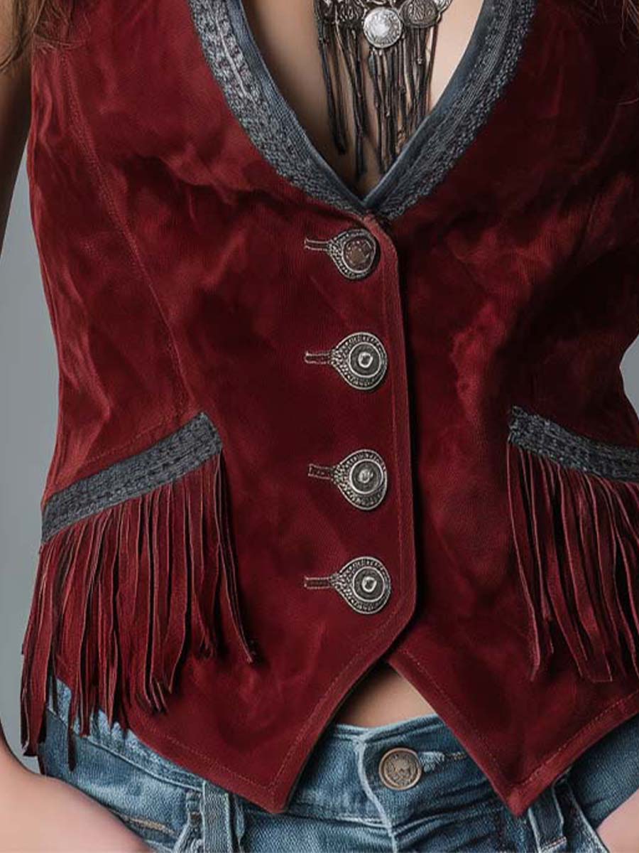 Vintage Western Microsuede With Braided Fringe Slim Fit Vest