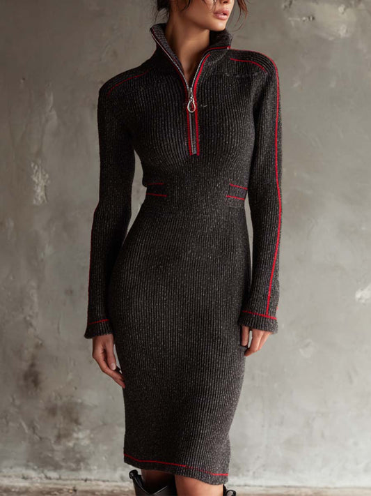 Rock Ash Knit Bodycon Midi Dress With Red Trim