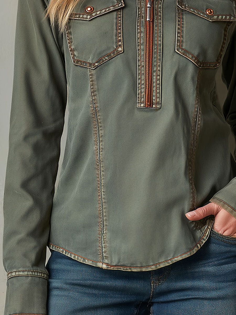 Vintage Olive Utility Contrast Stitching Shirt Jacket With Zipper