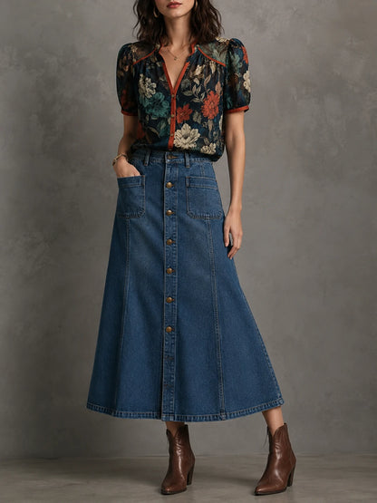 Mid Blue Vintage Wash Button-Front Denim Midi Skirt
