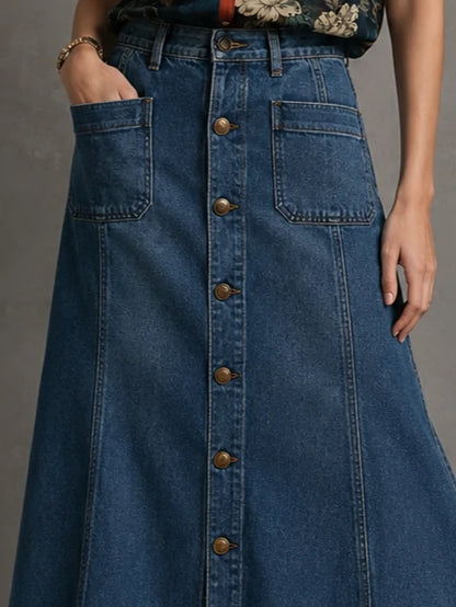 Mid Blue Vintage Wash Button-Front Denim Midi Skirt
