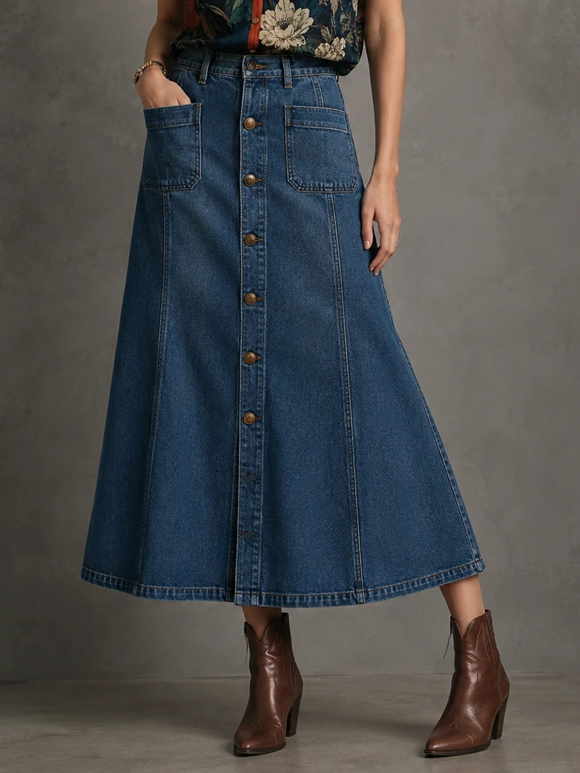 Mid Blue Vintage Wash Button-Front Denim Midi Skirt