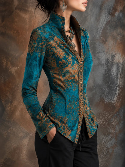 Boho Chic Vintage Peacock Blue Velvet Golden Print Fit Blouse