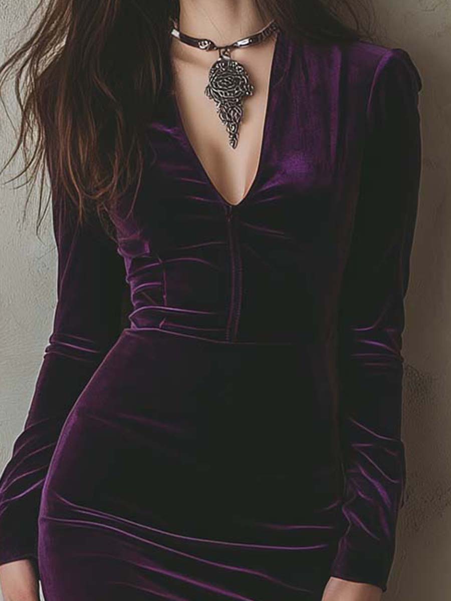 Exquisite And Elegant Purple Velvet Slim-fit Long-sleeved Midi Dress