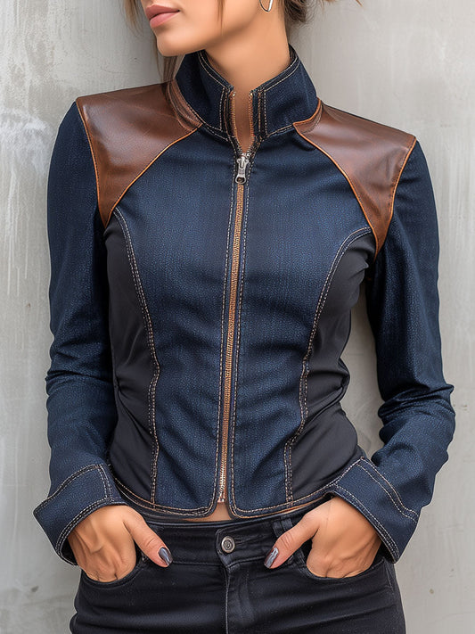 Dark Indigo Fitted Denim Moto Jacket With Brown Leather Patchwork