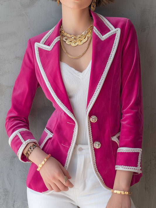Luxe Tailored Hot Pink Velvet Blazer With White Lace Trim