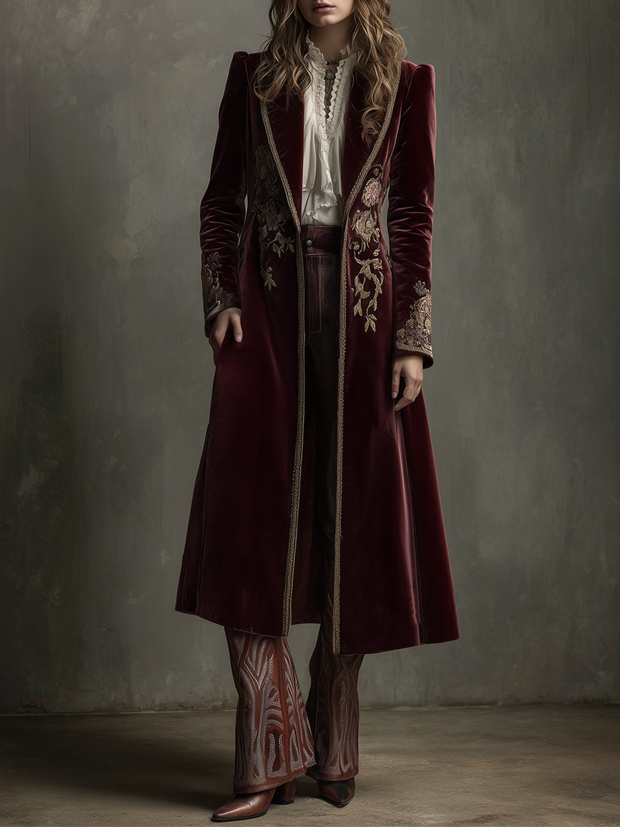 Quiet Luxury Velvet Embroidered Webbing Mid-length Coat