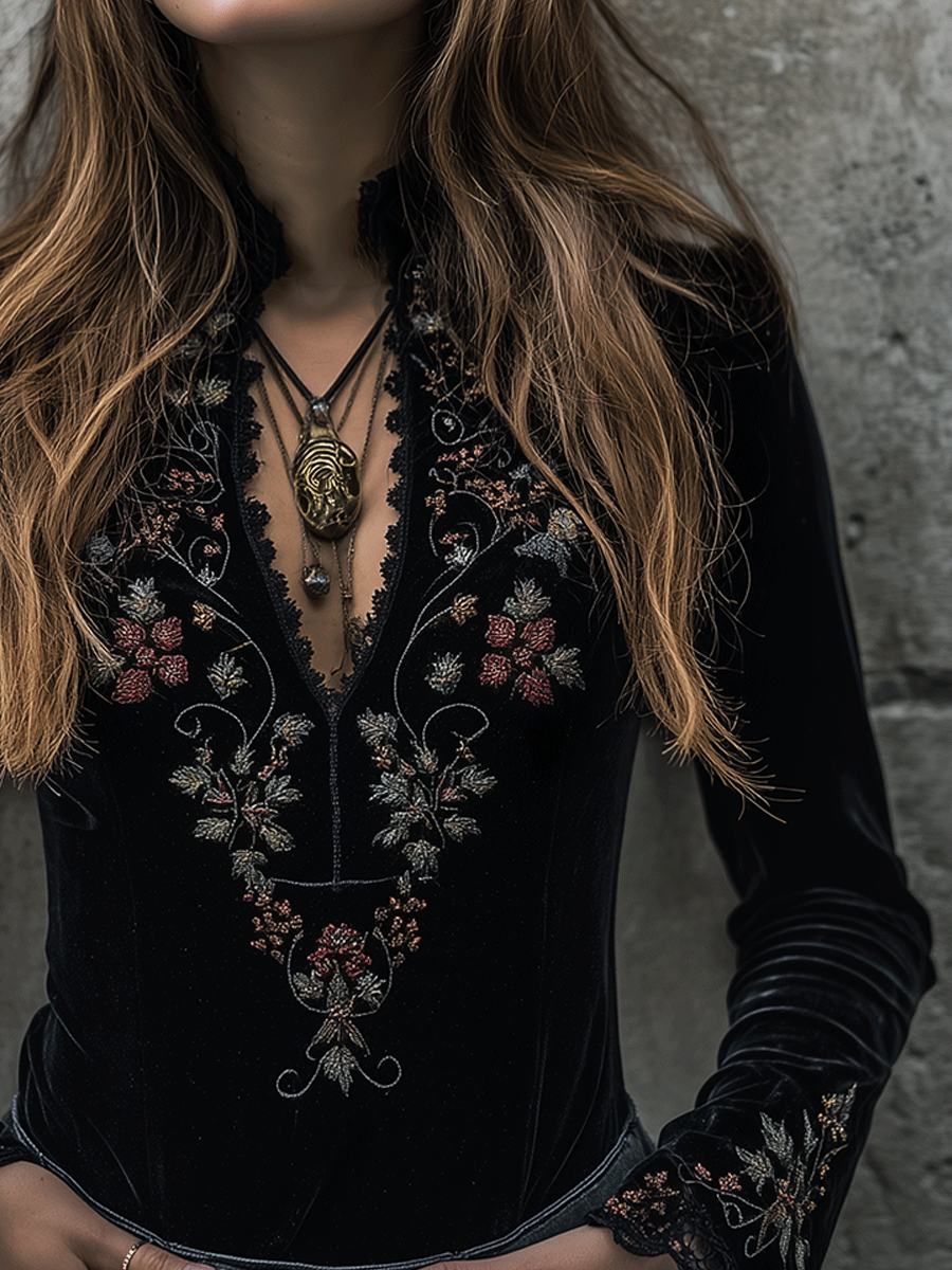 Boho Luxe Black Velvet Floral Embroidered Top