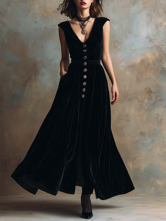 Black Velvet Button-Front Maxi Dress