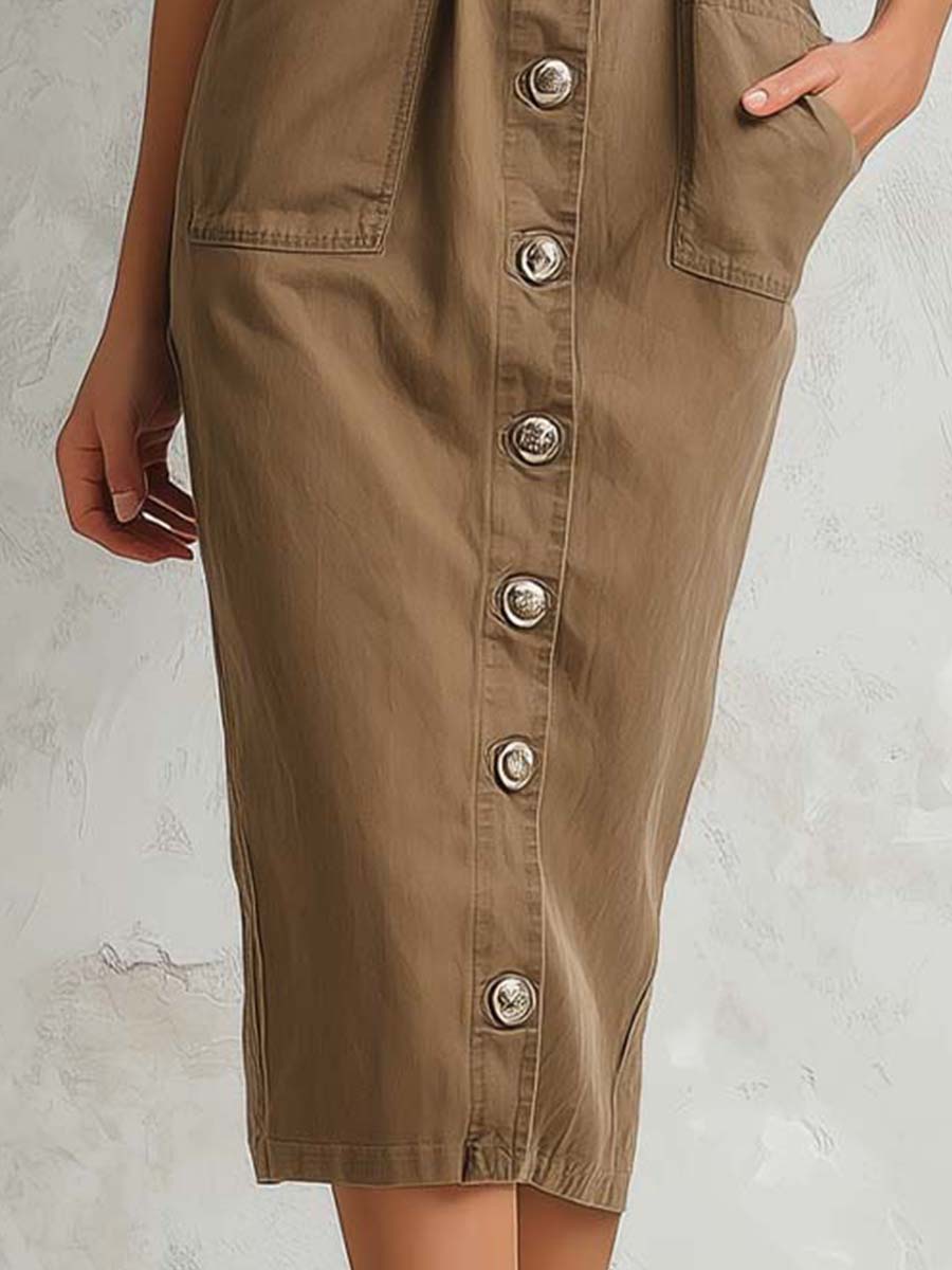 Vintage Cargo-Inspired Khaki Midi Dress