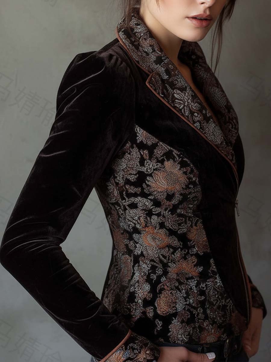 Vintage Floral Printed Velvet Jacket – Midnight Baroque Elegance