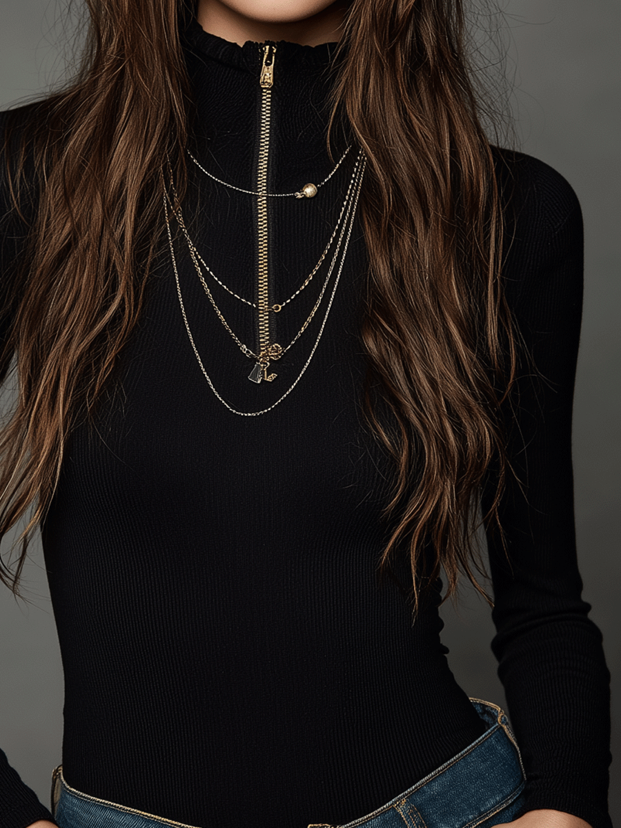 Black Ribbed Zip-Up Turtleneck Knit Top