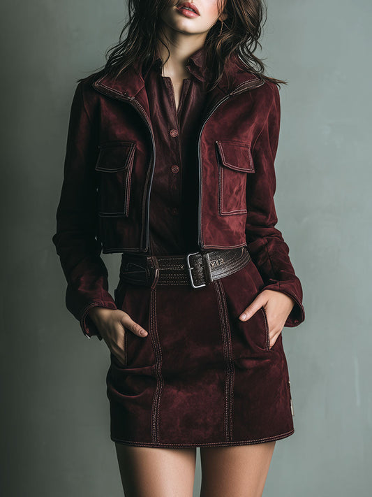 Retro Burgundy Suede Cropped Jacket & Mini Skirt Two-Piece Set