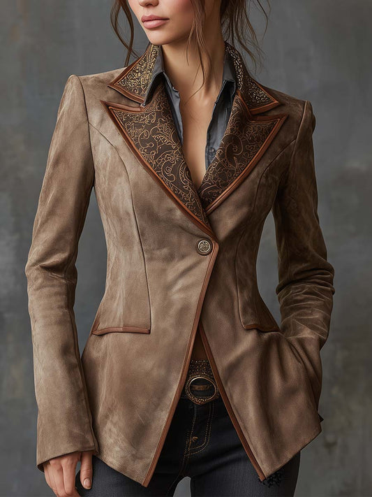 Vintage Taupe Suede Blazer With Printed Lapel