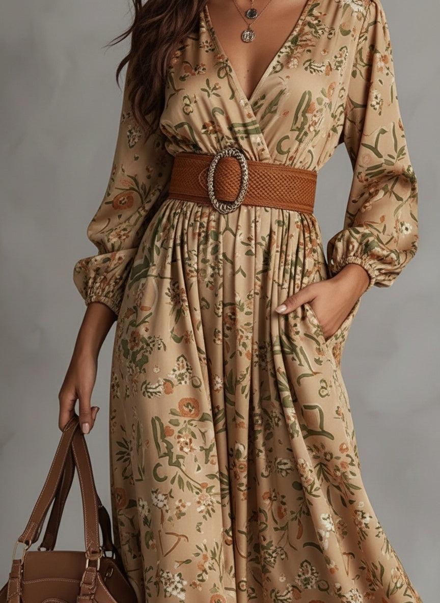 Boho Floral Print V-Neck Maxi Dress