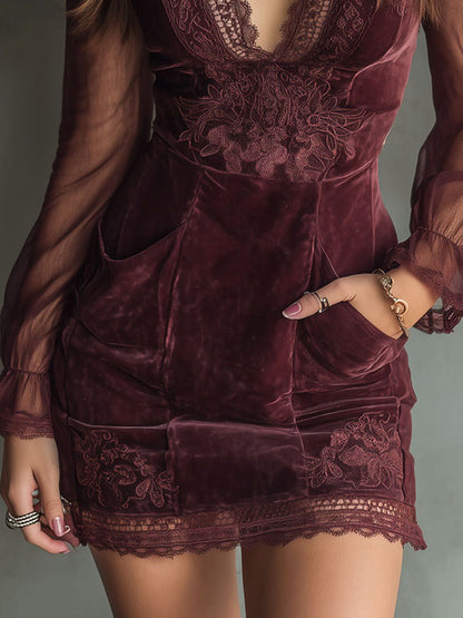 Vintage Burgundy Velvet And Lace Mini Dress With Sheer Sleeves