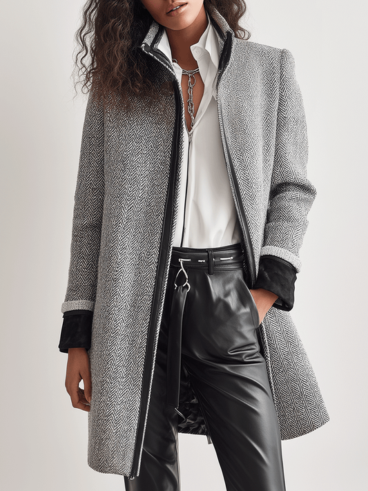 Stylish Grey Herringbone Plaid Winter Minimalist Coat