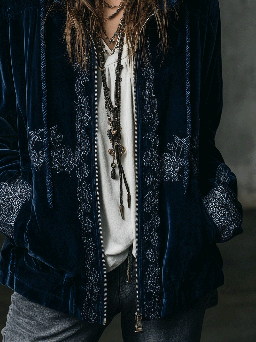 Boho Navy Blue Embroidered Velvet Hooded Jacket