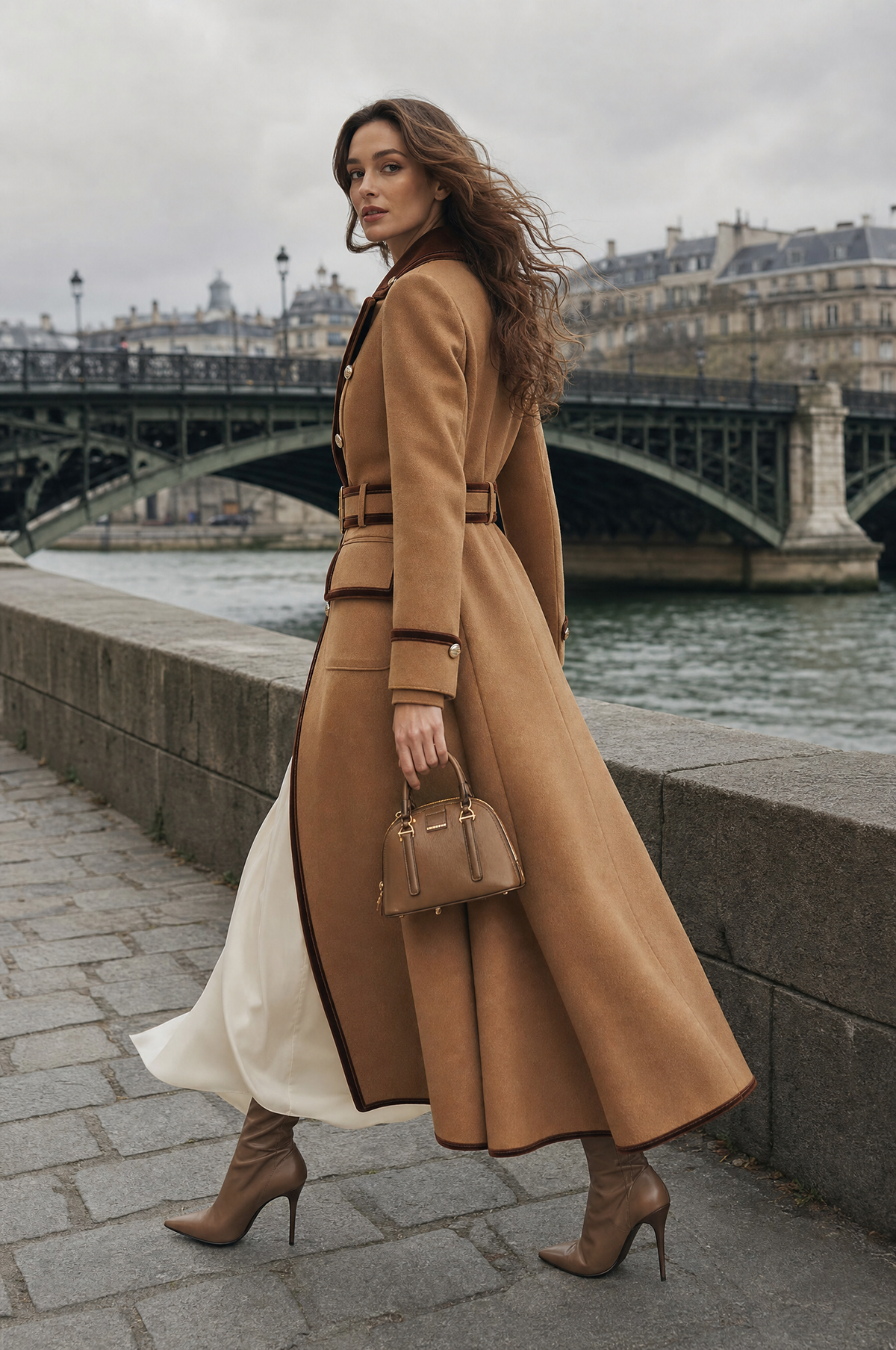 Elegant Double-Breasted Belted Wool Coat With Velvet Trim