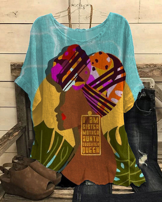I am Sister Mother Aunty daughter Queen Print Short Sleeve Casual Linen Blend Tunic