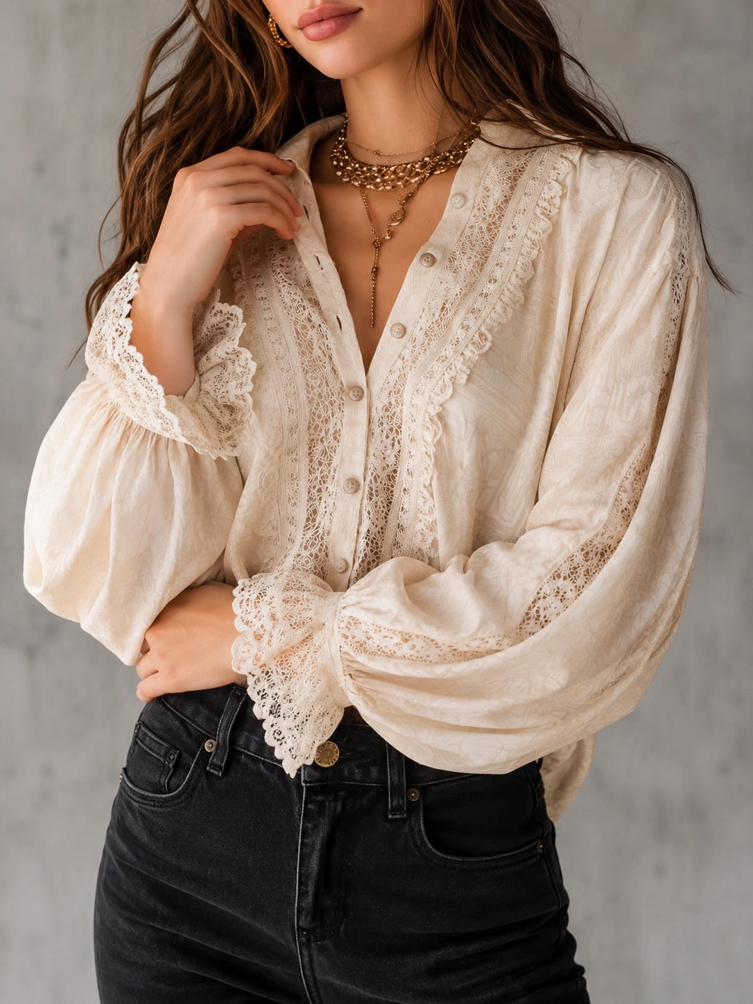 Romantic Victorian-Inspired Cream Print Lace Blouse