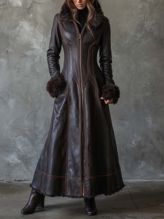 Vintage Brown Eco-Leather Maxi Coat With Fur Trim – Quiet Luxury Toscana Edition