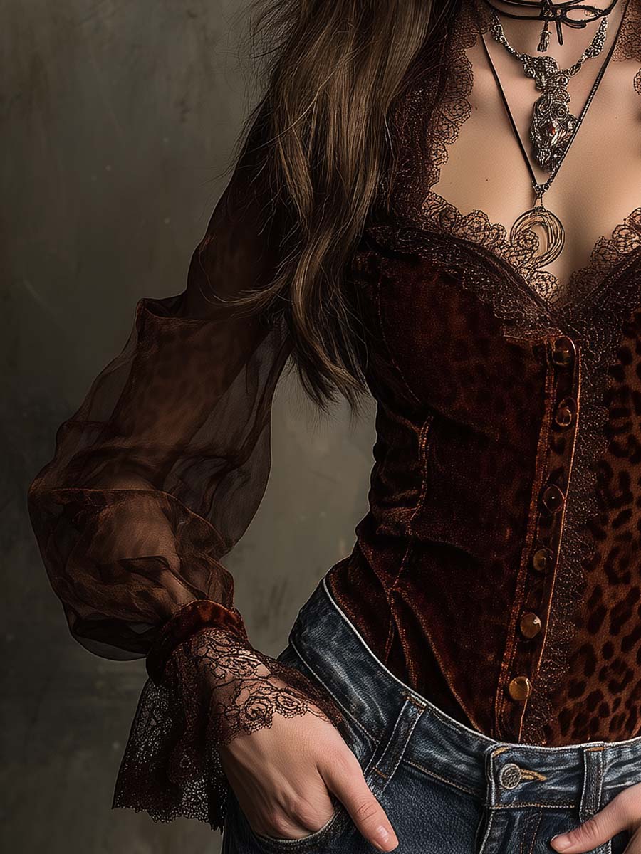 Baroque Leopard Velvet Top With Sheer Sleeves