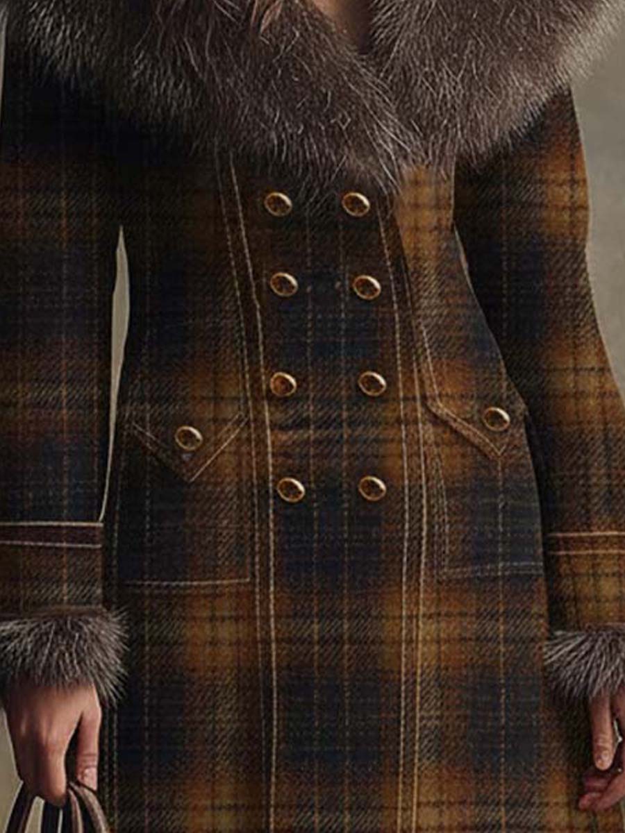 Vintage Plaid Wool-Blend Coat With Detachable Faux Fur Collar