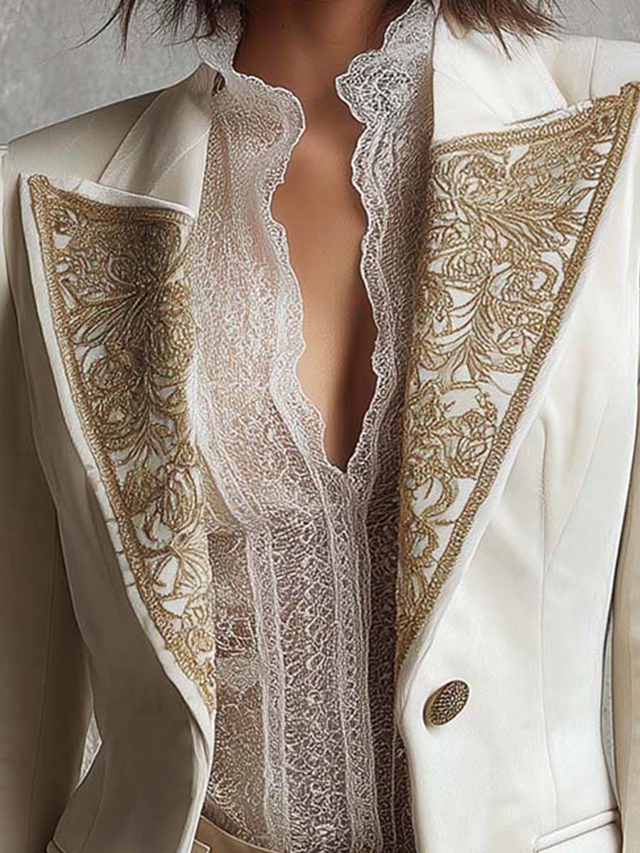 Ivory Embroidered Velvet Blazer With Gold Lace Detailing