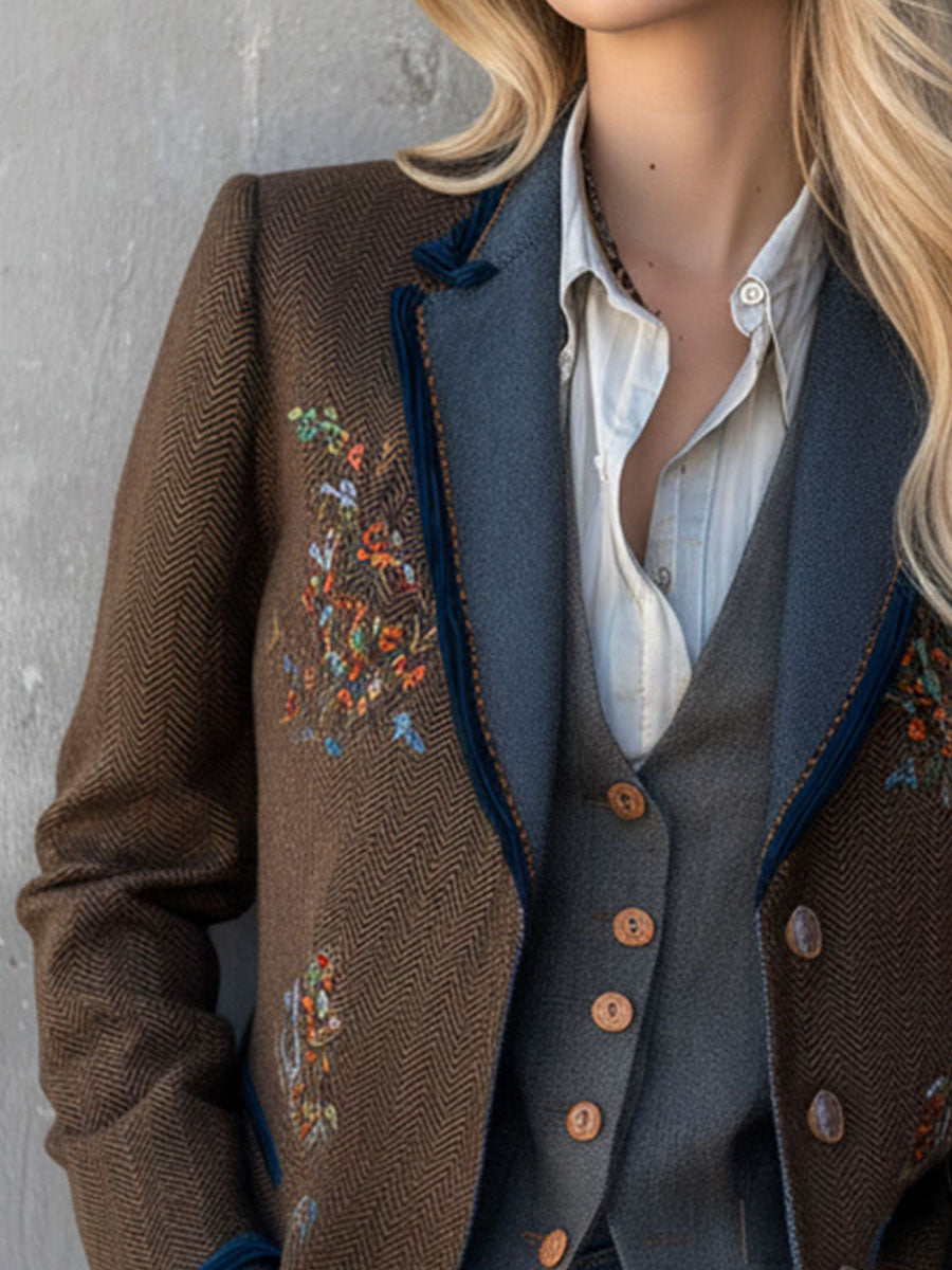 Bohemian Brown Herringbone Embroidered Blazer
